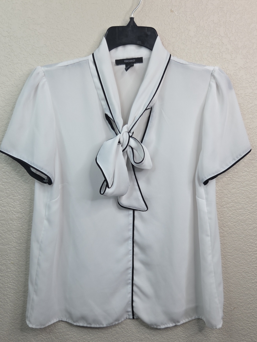 Forever 21 White Bow-Tie Blouse with Black Piping